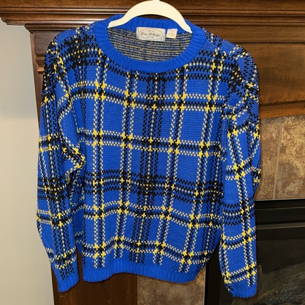 Vintage blue plaid Miss Selfridge Limited Editions sweater made in England L